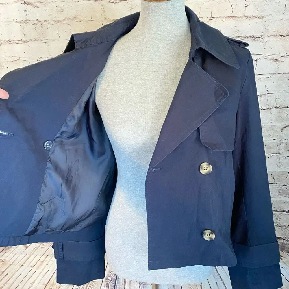 Bagatelle Womens Trench Coat Cropped Stretch Belted Cuff Stretch Blue Medium